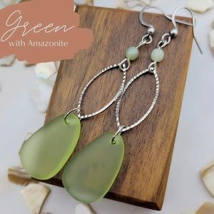 Green Natural Sea Glass and Amazonite Lightweight Earrings